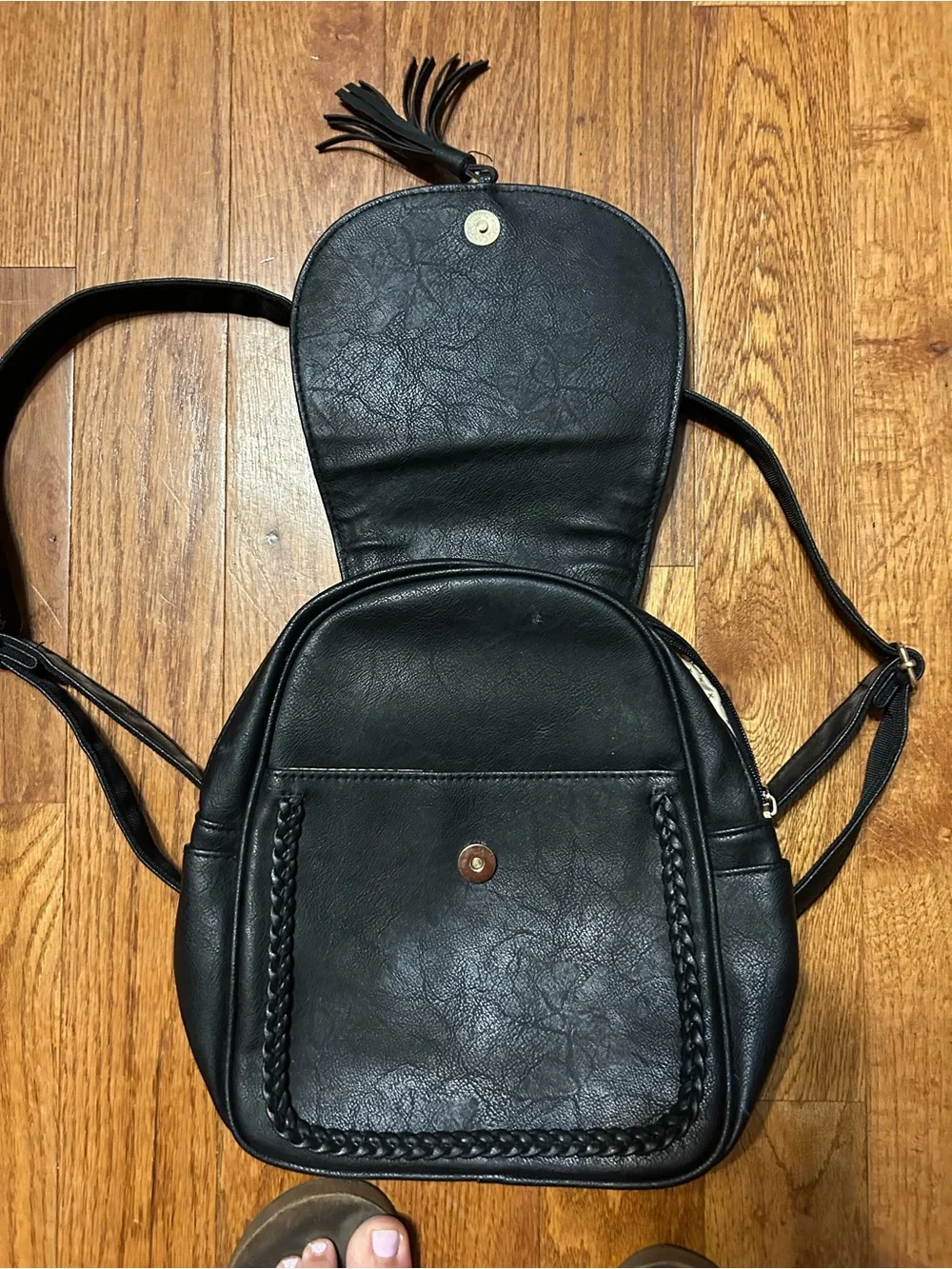 Black Women's Faux Leather Mini Backpack with Tassel Detail K K Kui